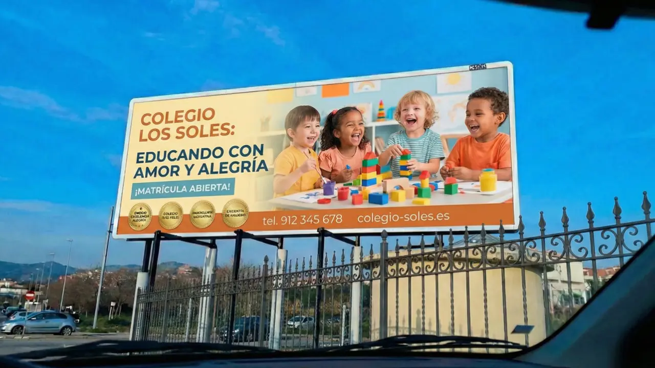 Valla publicitaria de un colegio con niños felices