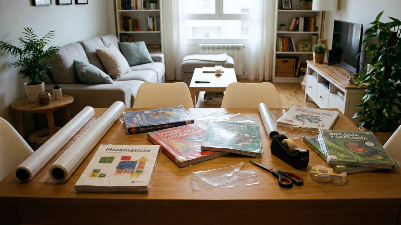 mesa llena de libros forrados colegio